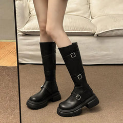 Lunivop Winter Platform Slip on Women Knee High Boots New 2025 Fashion Belt Buckle Thick Heels Knight Long Booties Ladies Shoes Zapatos