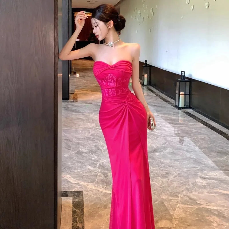 Lunivop  Dresses Women Sexy Lace Patchwork Strapless Slim Ruched Backless Temperament Cocktail Dress Party Female Fashion