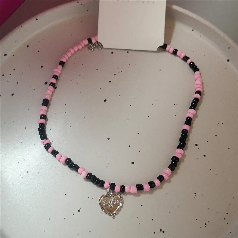 Lunivop Dopamine Pink Pendant Black Beaded Necklace For Women Sweet Cute Heart Flower Star Neck Chain Y2K Fashion Jewelry