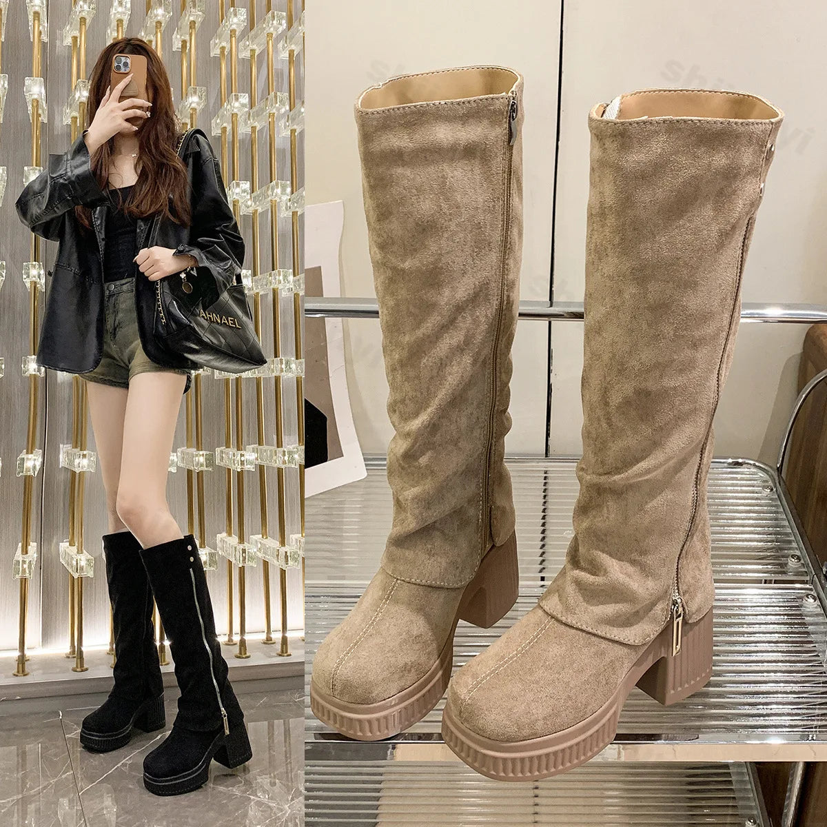 Lunivop Winter Women Long Boots Fashion Zipper Ladies Elegant Platform Long Pipe Booties Casual High Heel Women's Knee High Boots