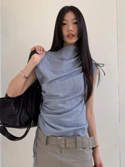 Lunivop  Streetwear Y2K Slim Tanks Women Shirring Vintage Casual Tops Summer Sleeveless Female Retro Half Turtleneck Harajuku Tanks