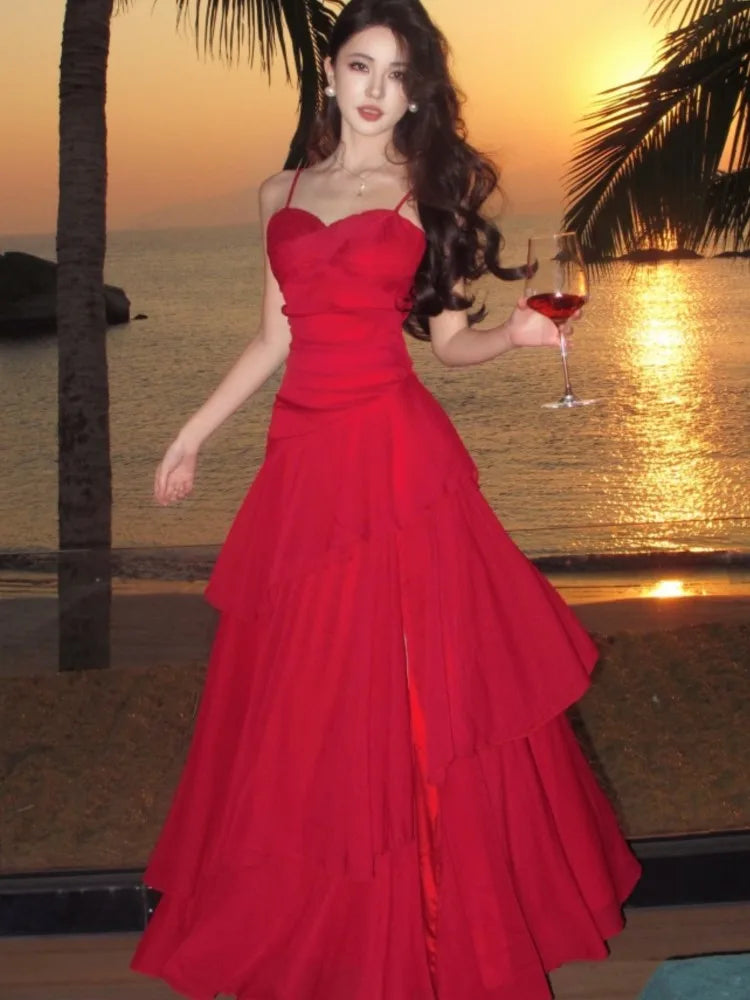 Lunivop Elegant Spaghetti Strap Sleeveless Ruffles Dresses Waist Cinched Gown Coastal Outfit Women's French Lace Halter Neck Long Dress