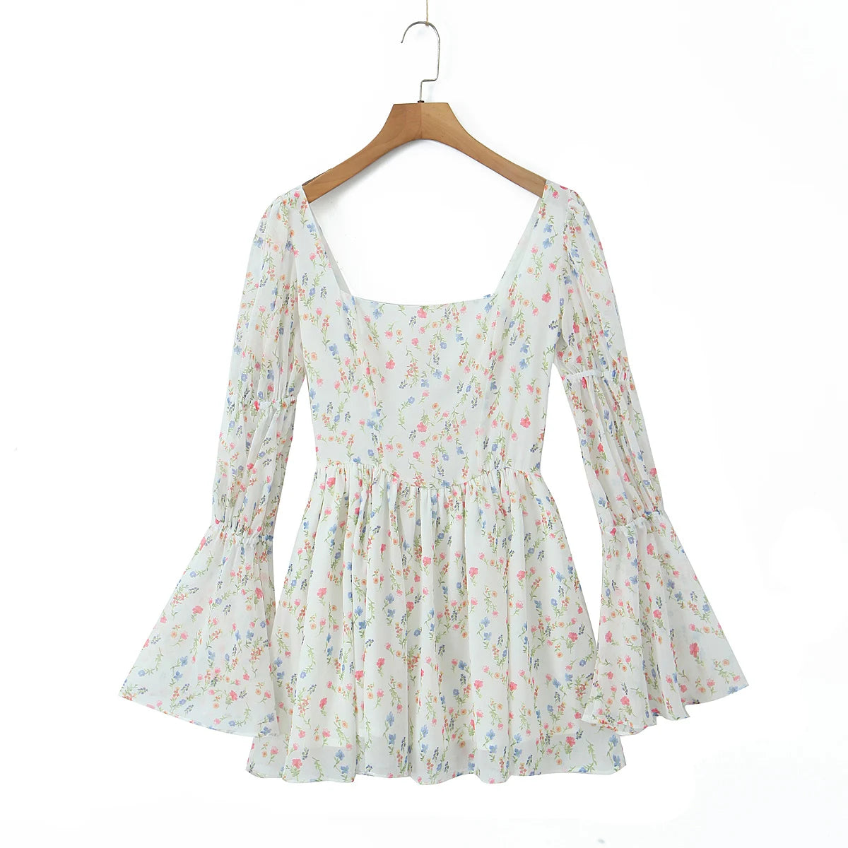 Lunivop  Women Square Collar Flower Print Lotus Root Node Full Sleeve Dress Back Zipper A-line Hem Mini Mini Holiday Robe
