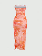 Lunivop  Women's Floral Print Ruffle Hem Bustier Dress For Holiday