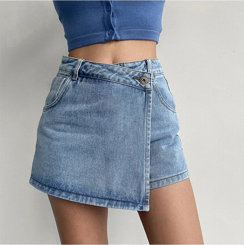 Lunivop Elegant Slimming High-waisted A- line Denim Shorts Women's Summer New 2023 Light Color Two-piece Illusion Design Slim Fit