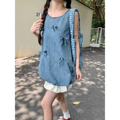 Lunivop Summer New O-neck Backless Bow Splicing Distressed Casual Denim Tank Tops Women + Pleated A-line Skirt Two-piece Suit