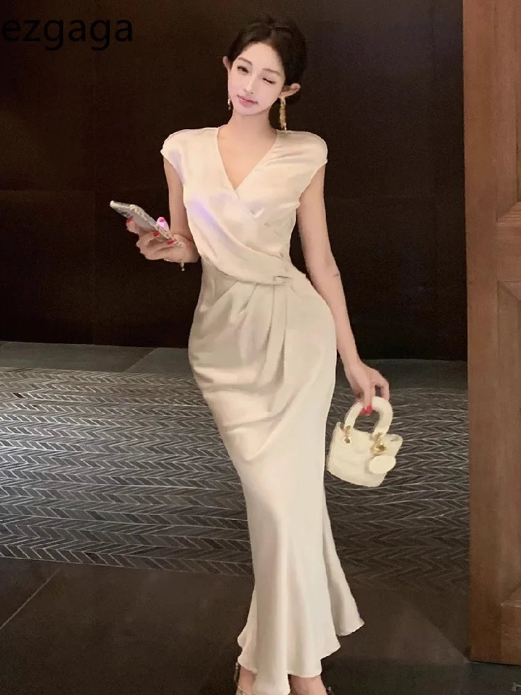 Lunivop  Temperament Dresses Women V Neck Elegant Sexy Slim French Style Solid Temperament Mermaid Dress Party Female Vintage