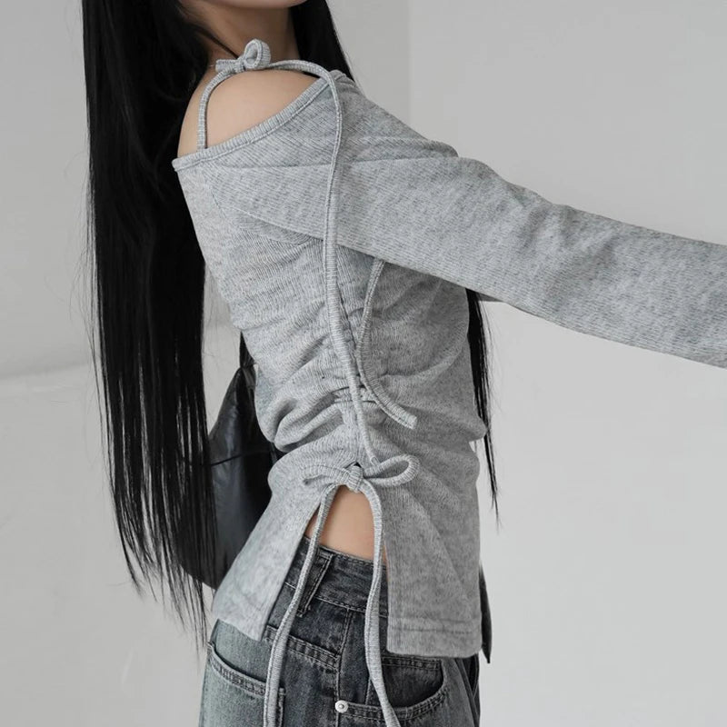 Lunivop   Asymmetrical Off-shoulder Crop Top Grey Bandage Drawstring Long Sleeve Knitted T Shirts Korean Fashion Casual Tees Women