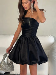 Lunivop Satin Strapless Pleated Mini Dress For Women Robe Off-shoulder Backless Sleeveless A-line Bodycon Sexy Dress Elegant