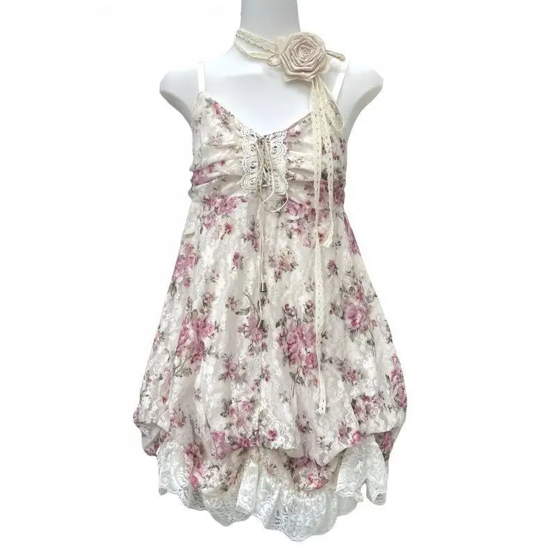 Lunivop  Vintage Harajuku Lace Pleated Drastring Sling Dress Y2k Japanese Sweet Lolita Cute Flower Print Puffly Dresses Punk Girl Clothes