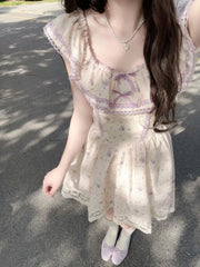 Lunivop  Elegant Sweet Purple Floral Dress for Women Y2k Summer Lace Flying Sleeve Dresses New Slim Waist Vestidos De Mujer