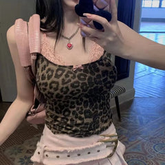 Lunivop  Moda Streetwear Trendy Fairycore Y2K Vest Women Casual Fake Two Pieces Lace Leopard Sling Top Pure Desire Slim Goth Shirt