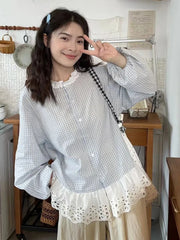 Lunivop  Women Sweet Plaid Shirt Korean Fashion Lace Patchwork Loose Blouse Elegant Casual Preppy Style O Neck Female Chic Tops New