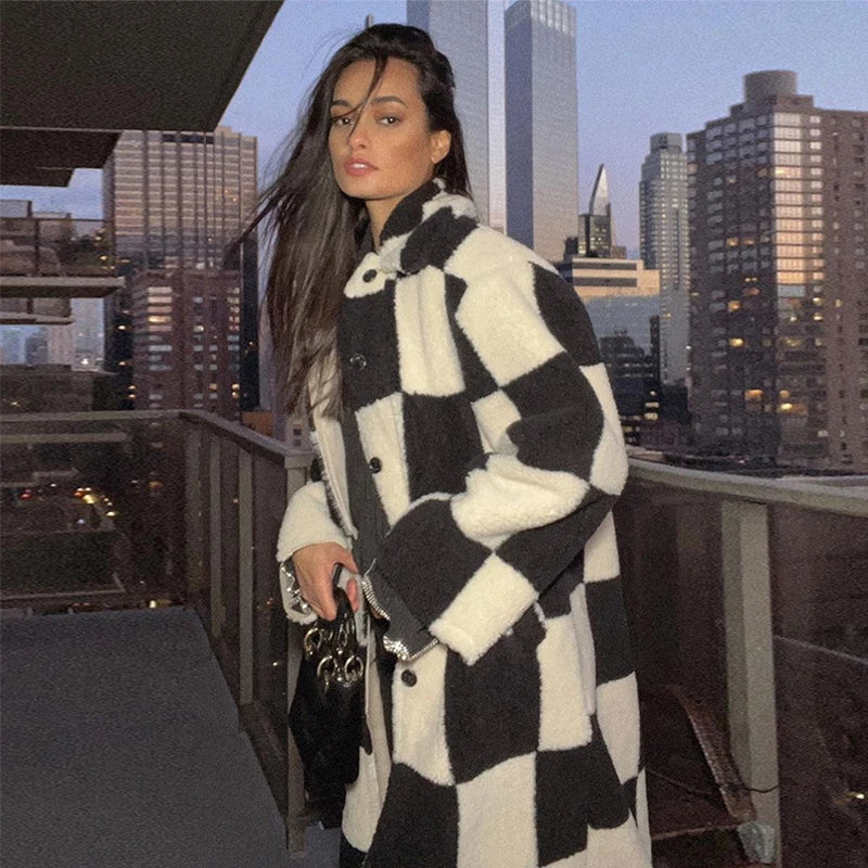 Lunivop Black and White Checkerboard Long Jackets Women Thickened Warm Lapel Single-Breasted Faux Fur Coat Winter Soft High Street Tops