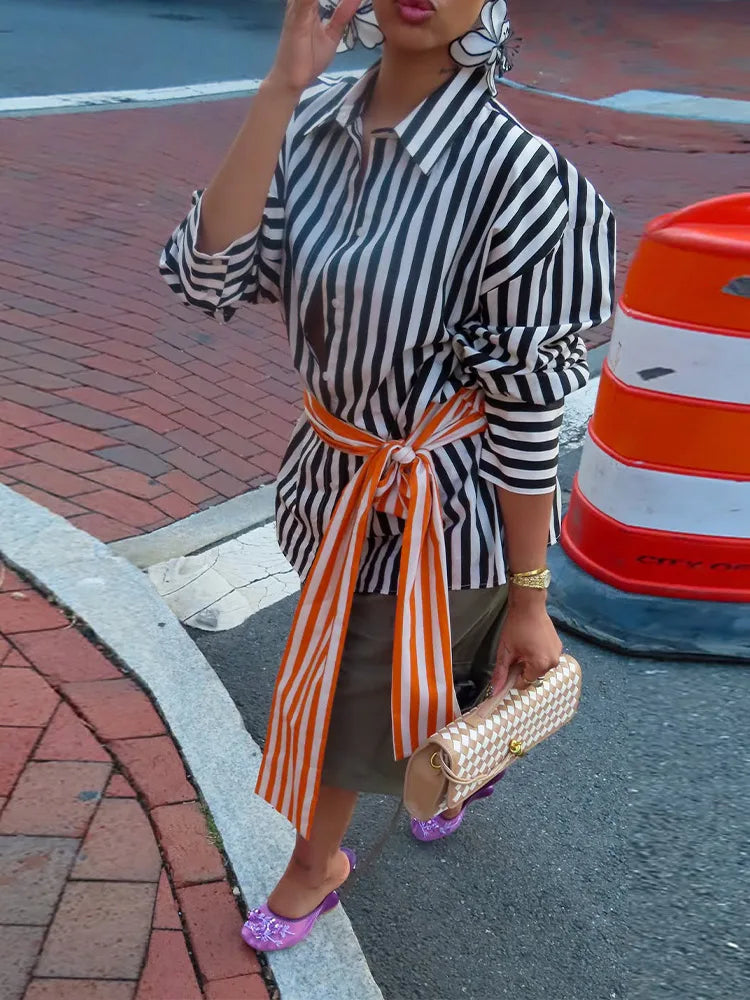 Lunivop  Spliced Belt Stripe Shirt Lapel Collar Long Sleeve Autumn Women Street Casual Daily Blouse Fashion Chic Trendy Ladies Top