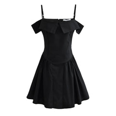 Lunivop  Black Sexy V neck Off Shoulder Mini Dress Women Short Sleeve Low Waist Ruched Hem Ball Gown Swing Mini Robe Party White