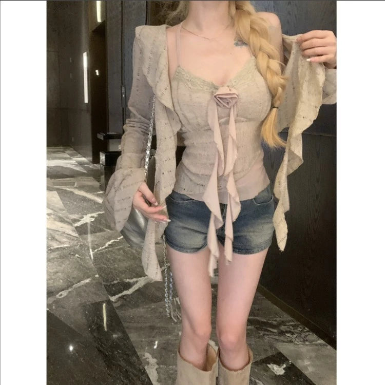 Lunivop  Sweet Vintage 3D Rose Halter Patchwork Camisole Vest+ Irregular Hollow Out Long Sleeve Cardigan Spring New Two Piece Sets