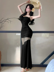 Lunivop  Black Patchwork Mesh Sheer Sexy Long Dress Women Elegant Luxury Ruffled Dress Gown Summer Korean Bodycon Party Night Dress