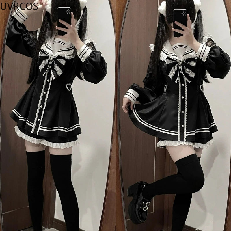 Lunivop  Japanese Style Gothic Y2k Lolita Bow Dress Shorts Set Women Vintage Sweet Long Sleeve Button Shirt Party Dresses Slim Mini Dress