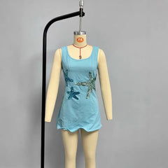 Lunivop  Euramerican Fashion Summer Popular O Neck Sleeveless Short Dress Y2k Cute Sequin Star Design Clothes Harajuku Beach Style Dress