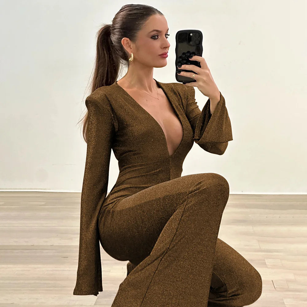 Lunivop Deep V Neck Long Sleeve Backless Flare Jumpsuit Elegant Sexy Party One Piece Rompers Outfits Fashion Women Y2K Clothing