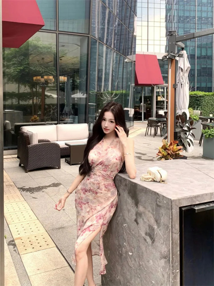 Lunivop  Woman Dress Floral Printed Sleeveless V Neck Halter Slim Vintage Split Temperament Party Dresses French Style Chic