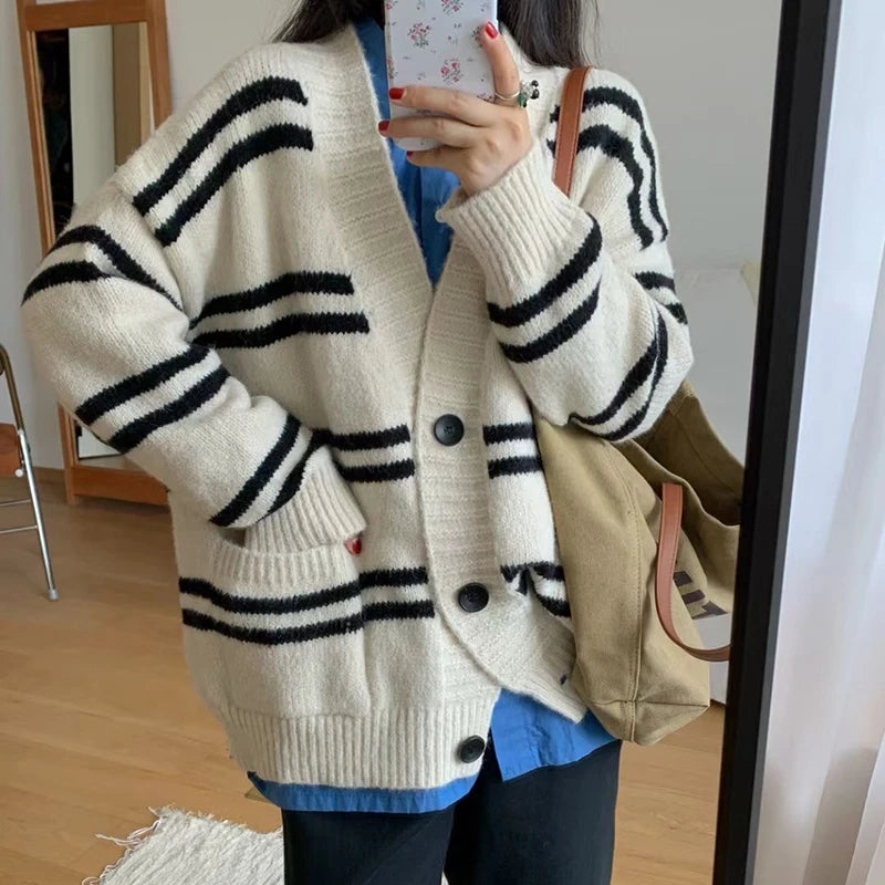 Lunivop Women Cardigan Sweater Striped V-neck Button-up Sweater Jacket Comfy Cozy Slouchy Cardi Autumn Winter Casual Outfit