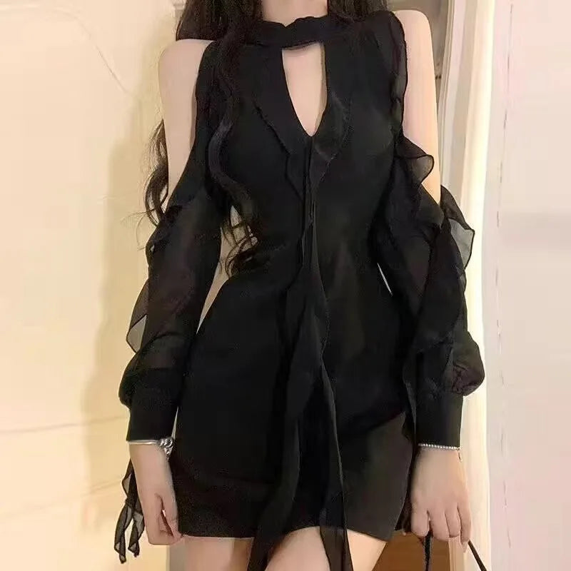 Lunivop Black Sexy Chiffon Dress Women Elegant Ruffle Mesh Mini One-piece Dress Fairycore Sweet Luxury Bodycon Korean Style