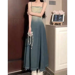 Lunivop  French Vintage Gradient Denim Strap Dress Women's Summer New Style Slimming Sleeveless Midi Skirt Retro Waist-Cinching Dress