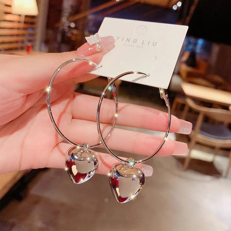 Lunivop Korean Trendy Simple Heart Pendant Big Hoop Earrings Women Niche Design Exquisite Alloy Earrings Elegant Party Jewelry Gifts