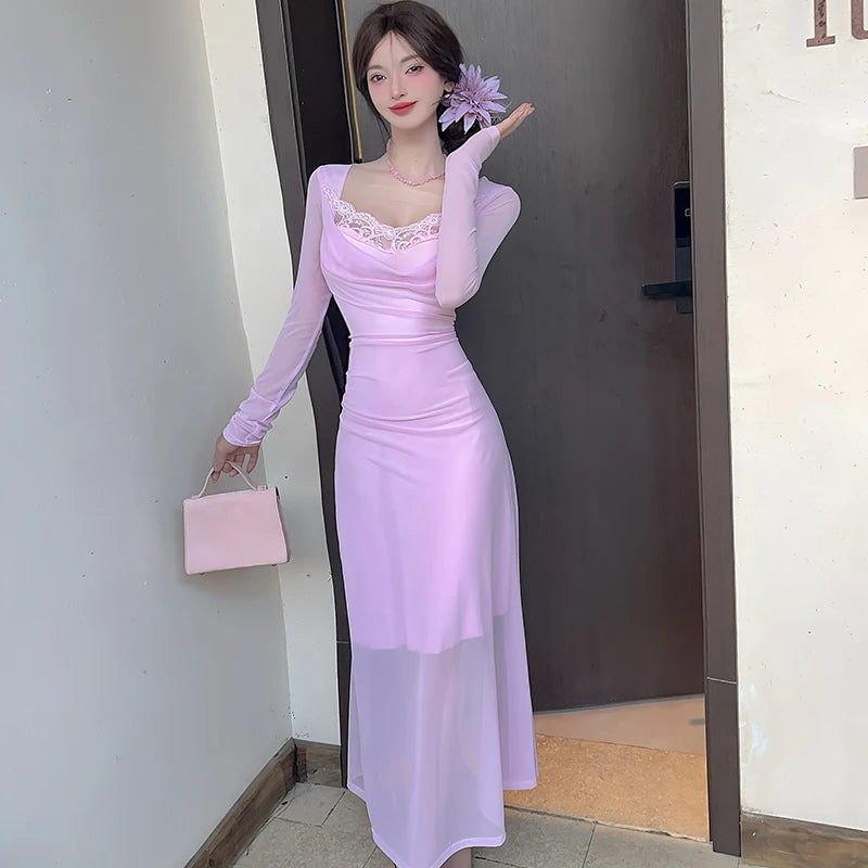 Lunivop  Women Blue Mesh Patchwork Lace Square Collar Long Dress Summer Elegant Casual Dress with Long Sleeve Korean Bodycon Dresses
