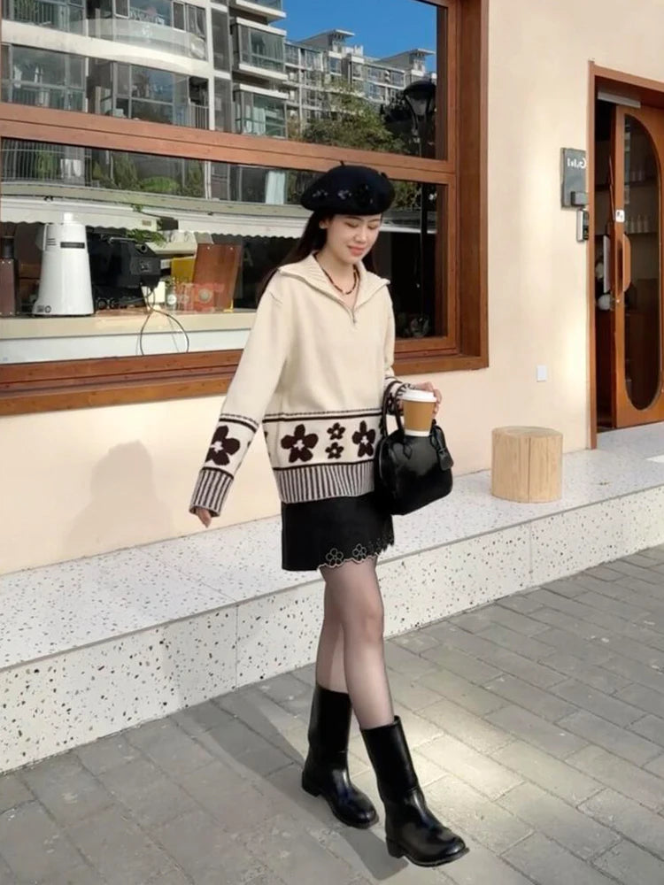 Lunivop Half Zipper Knit Cardigan Sweater Women Pullovers Cozy Loose Sweater Jacket Collared Long Sleeve Floral Print Fall Winter Outfit