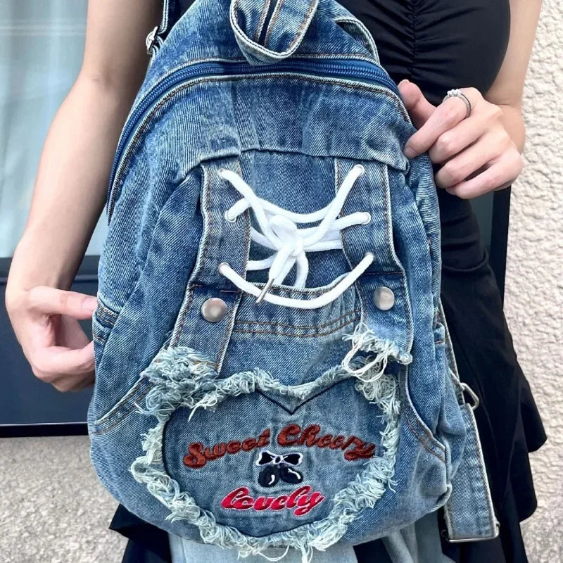 Lunivop Pink Y2k Womens Backpack Denim Fashion Cute Large Capacity Vintage Backpack Letter Embroidery Harajuku Style Aesthetic Bags