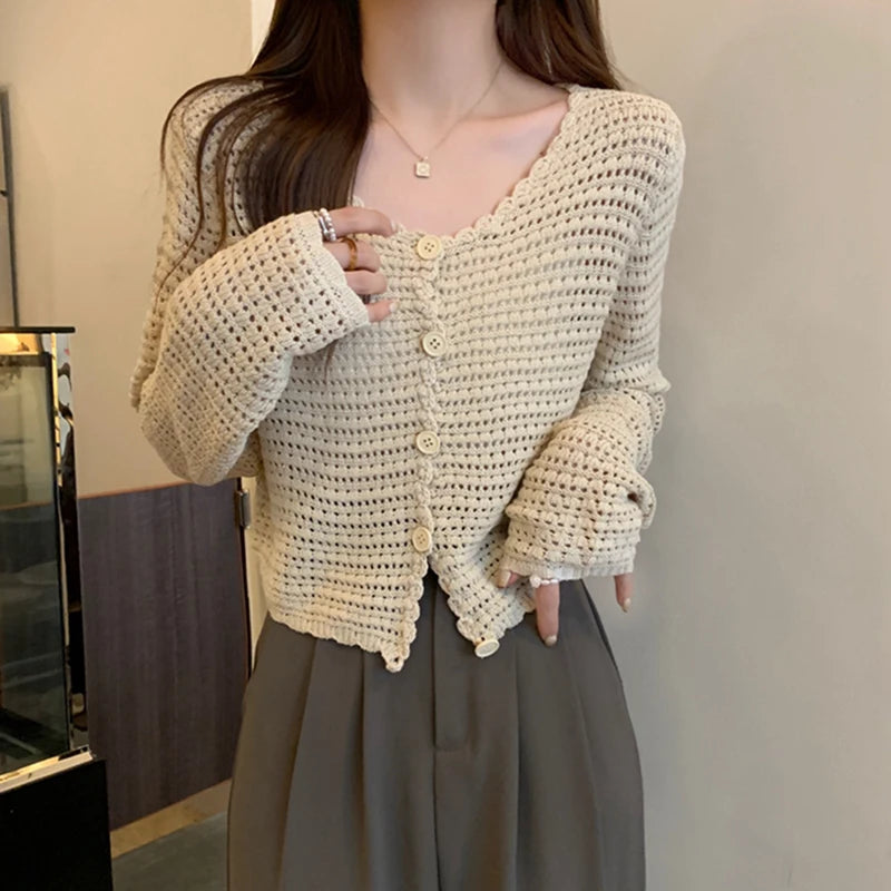 Lunivop Women Button Up Short Cardigan Knitted Shirt Hollow Out Crochet Crop Top Long Sleeved Thin Cover Up Teen-girl Casual Outfit