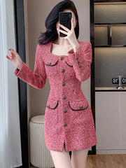 Lunivop  Women Pink Tweed Thick Warm Mini Dress Autumn Winter Long Sleeve Square Collar Dress Korean Elegant Bodycon Birthday Dress