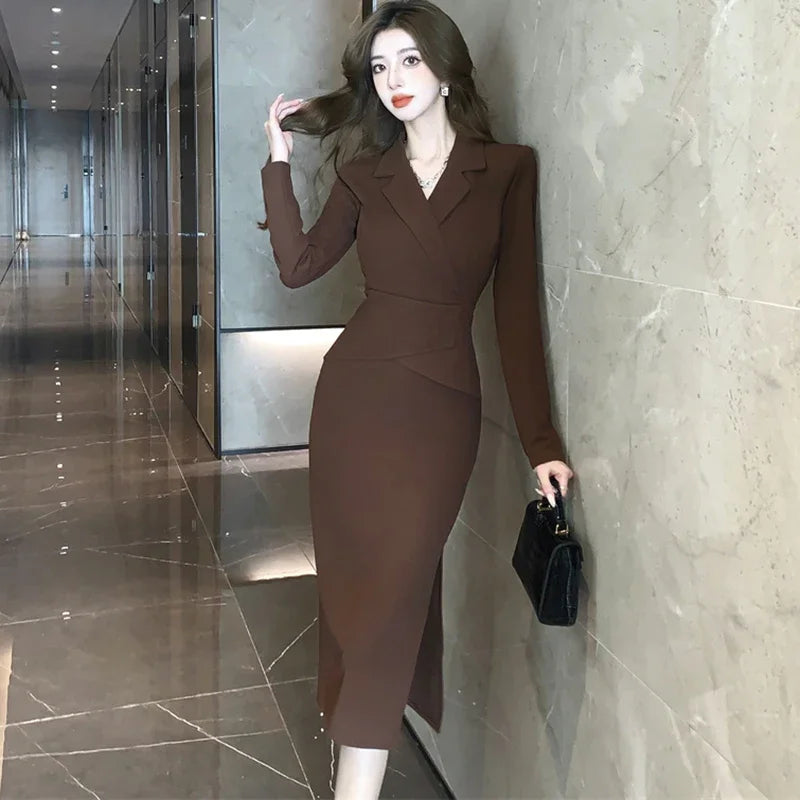 Lunivop  Black Long Sleeve Bodycon Office Lady Dress Autumn Winter Solid Patchowrk Fake Two Piece Dress Korean Elegant Women's Dress
