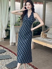 Lunivop  Women Blue Plaid Chic Bow Neck-mounted Long Dress Summer Elegant Casual A-Line Dress Korean Vintage Luxury Evening Dresses