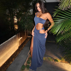 Lunivop Blue Hollow Out Maxi Dress for Women Fashion One Shoulder Slim Evening Party Dresses Sexy High Split Holiday Beach Outfits 2024