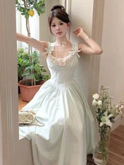 Lunivop  French Style Lace Patchwork Bow Sleeveless Sweet Dresses Backless Elegant Square Collar Party Dress Female Waist A -line New