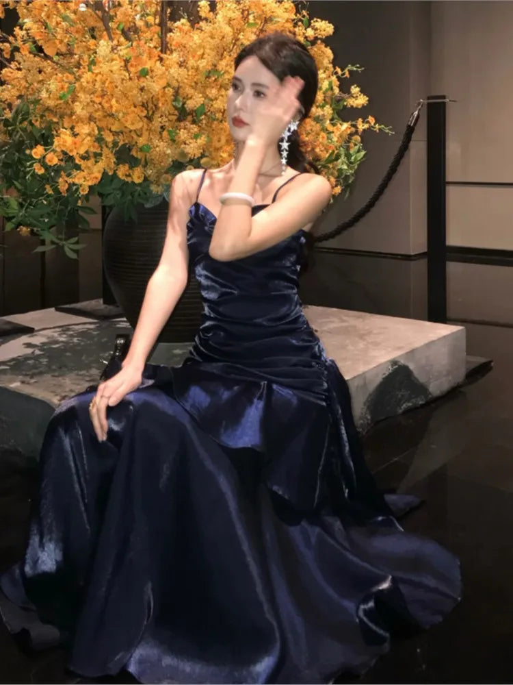 Lunivop Vintage Blue Elegant Sexy Backless Ruffles Long Dresses French  Pleated Slip Sleeveless Vestidos Birthday Evening Party Dress