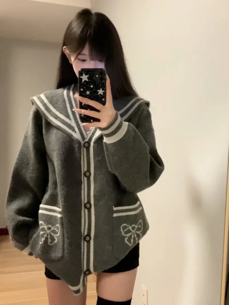 Lunivop Preppy Style Korean Knitted Cardigans Coats Sailor Collar Gray Sweater Women Vintage Y2k Sueter Mujer Japanese Bow Jacquard