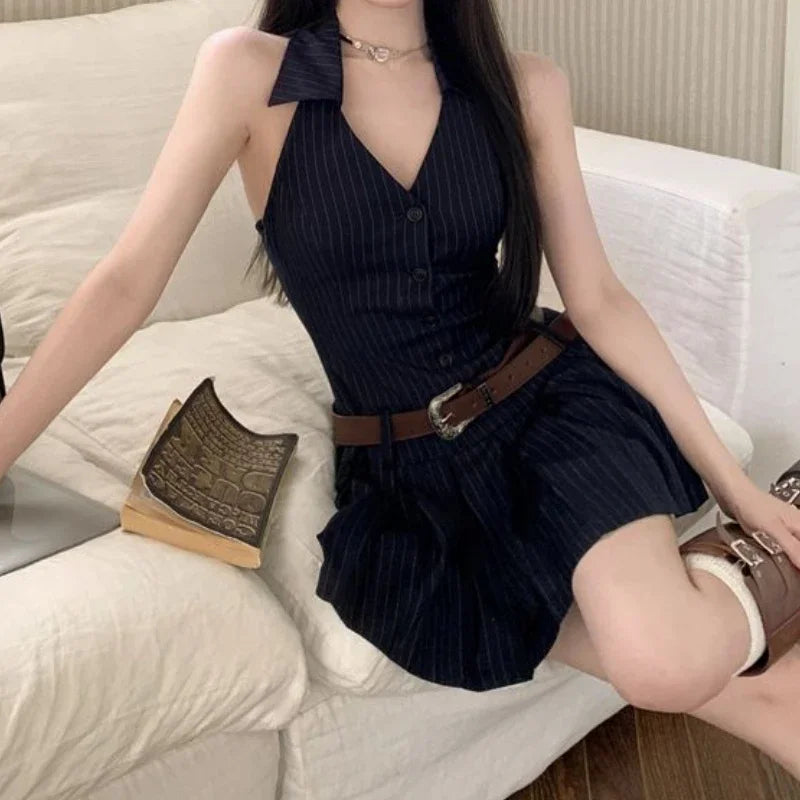 Lunivop Sexy Korean Style Striped Mini Dresses Women Y2k Backless One Piece Short Dress Hotsweet Streetwear Sleeveless Dress