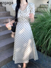 Lunivop  Woman Dress Polka Dot Puff Short Sleeve Ruffles Bandage V Neck Temperament Sweet Dresses Elegant Female Fashion