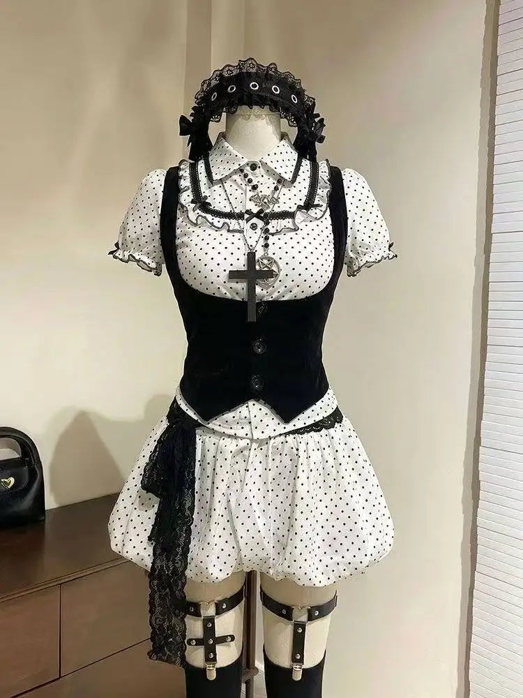 Lunivop  Kawaii Sweet Suit Hot Girls Polka Dot Top Black Belt Casual Bud Mini Skirt Sweet Cool Set Woman