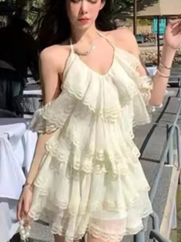 Lunivop  Basics Sweet Beige Long Dresess Ruffled Hdiday Straps Short V-Neck Dress Spring Summer Holiday midi elbiseler Vestidos New