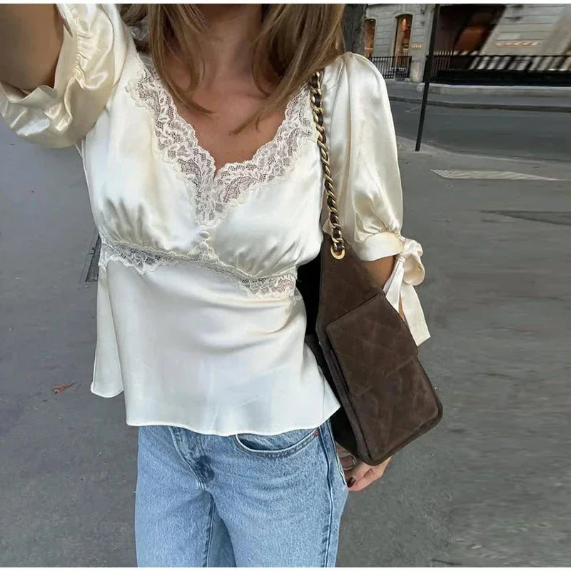 Lunivop  Elegant Lace Patchwork Women's T-shirt Waist-cinching Bow Lace-up V Neck Short Sleeve Apricot Shirts Summer Lady Tops New