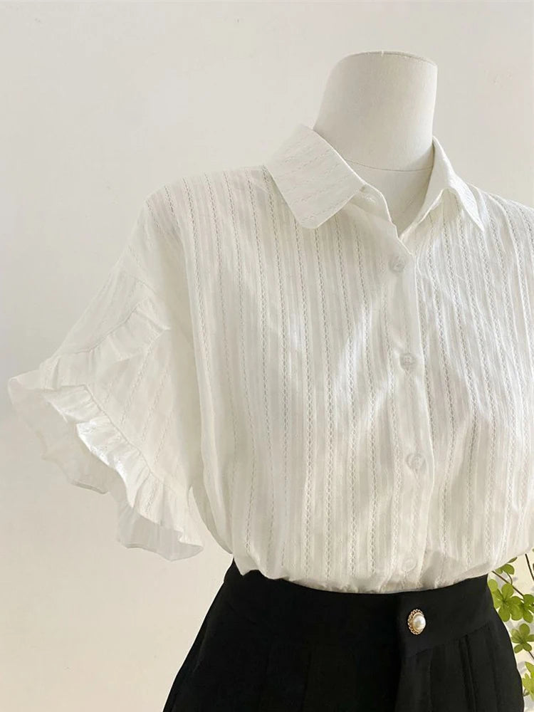 Lunivop  Fashion Casual White Shirt Women Sweet Flare Sleeve Cute Blouse Loose Preppy Style Female Summer Chic Simple All Match Tops