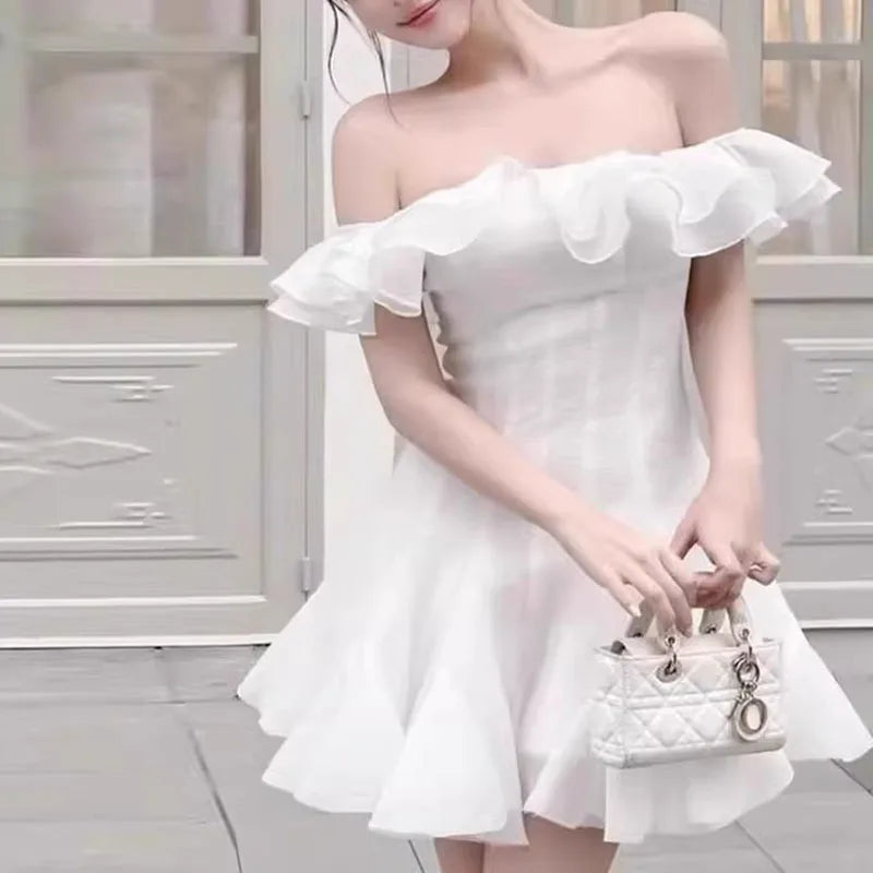 Lunivop Fashion Women Dress Sleeveless Slash Neck Solid Color Lotus Leaf Edge Design Female Party Dresses New Tide