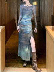 Lunivop  Bottom Suspender American Retro Tie Dye Dress For Women Y2k Robe Vestidos Mesh Spring Summer New Alt Grunge Tunic