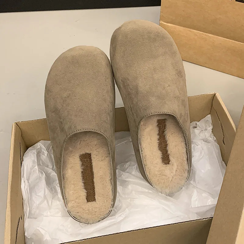 Lunivop Women Flats Mules Shoes Suede Short Plush Cotton Slippers Designer Winter Casual Shoes Trend Walking Shoes Zapatos De Mujer